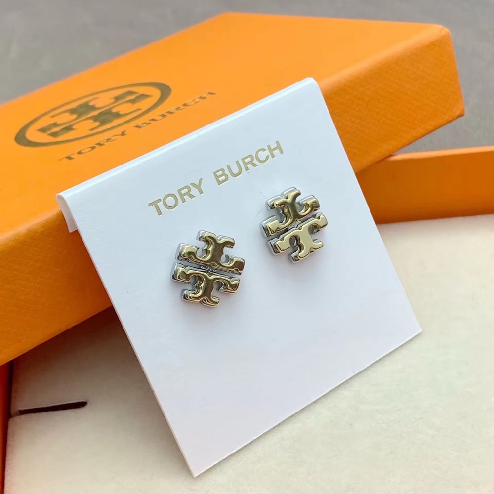 Tory Burch Two-Tone Gold and Silver Logo Stud Earrings